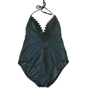 Seafolly Australia Black Scalloped Edge Halter V-Neck One Piece Swimsuit USA 10